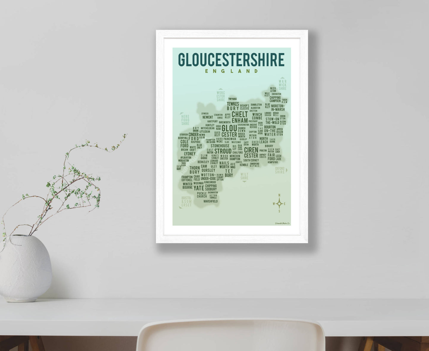 Gloucestershire Text Map Poster in white frame