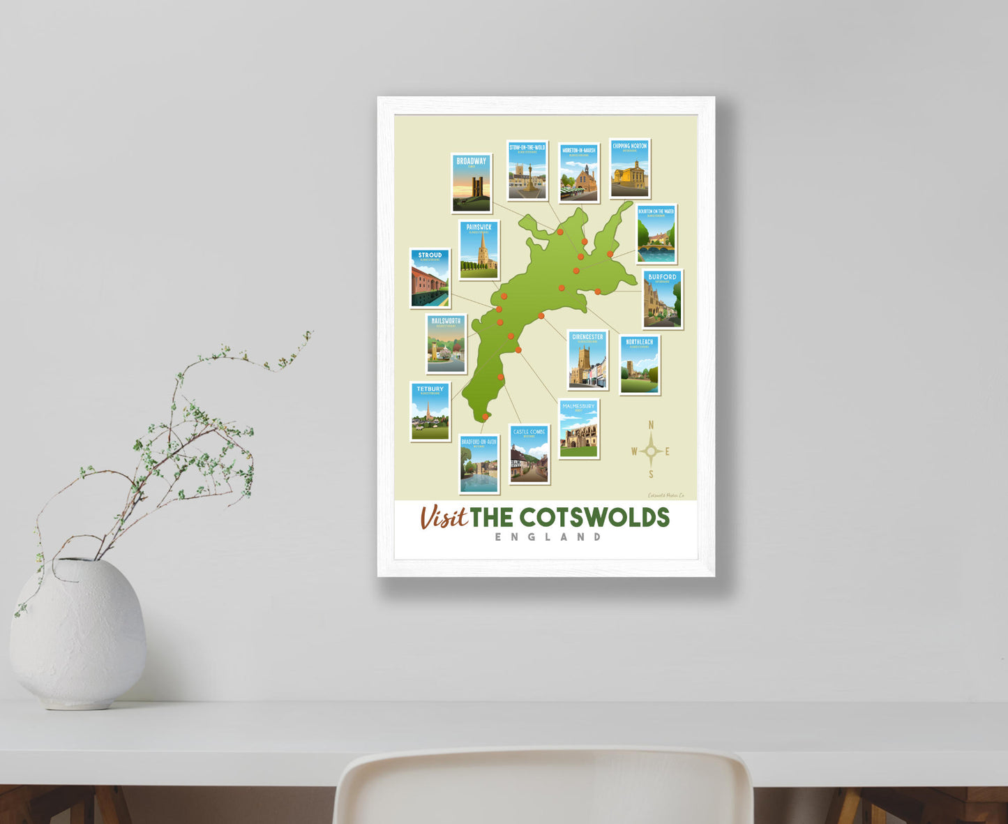 Cotswold Map Poster in white frame