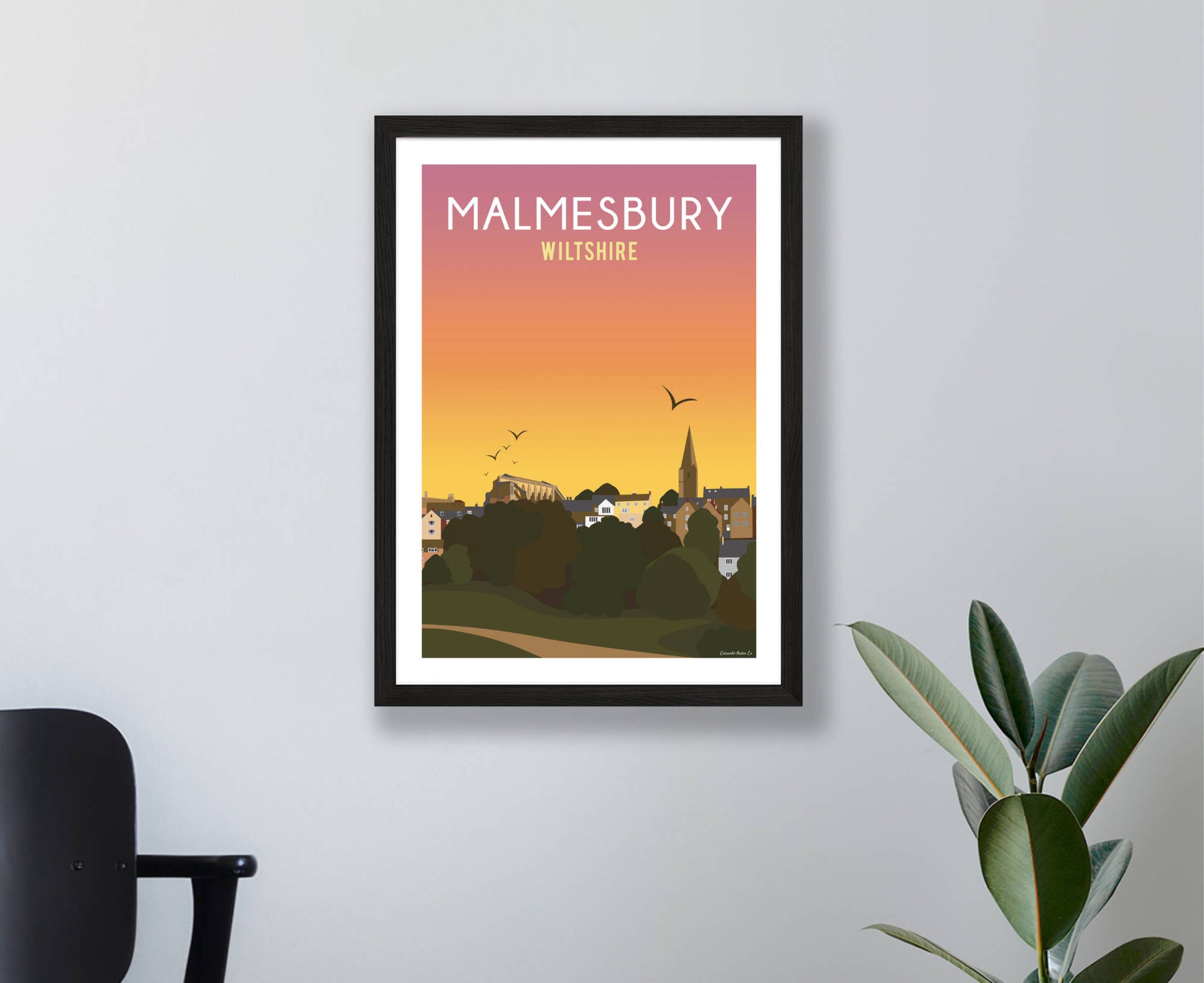 Malmesbury Town Sunset Poster in black frame