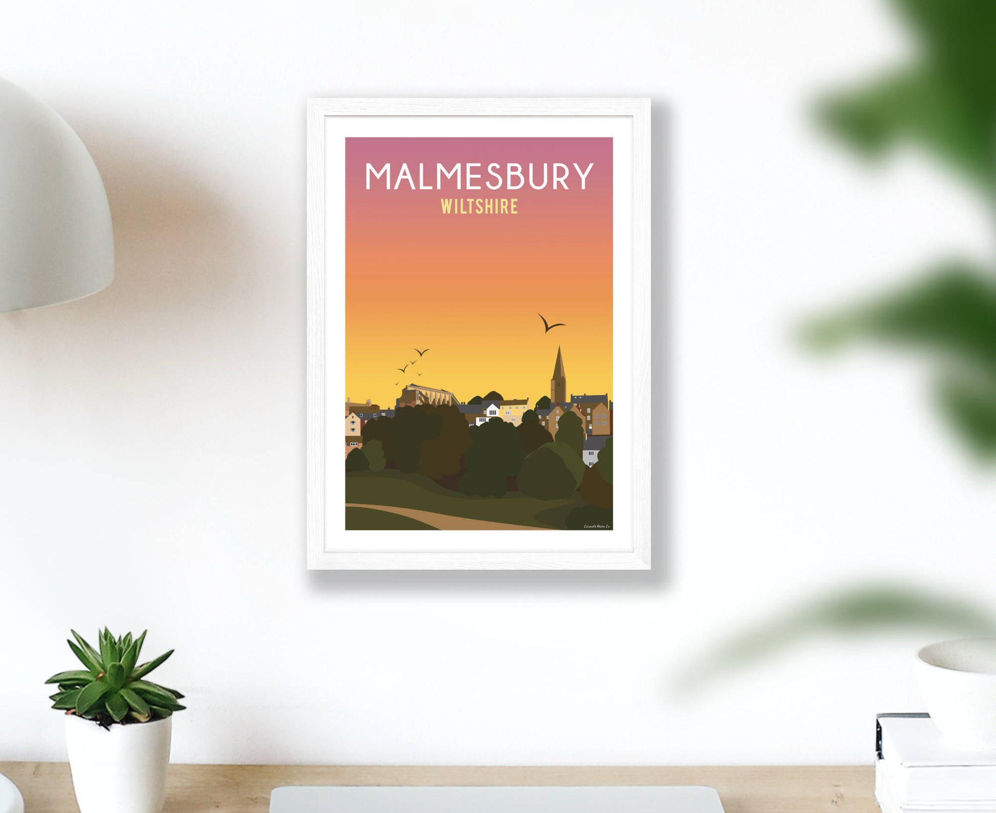 Malmesbury Town Sunset Poster in white frame