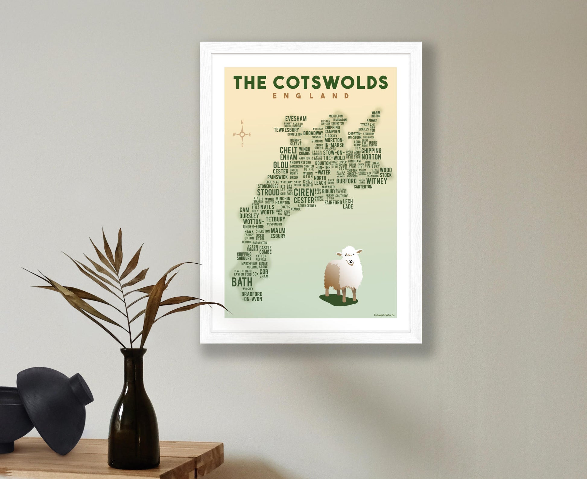 Cotswold Text Map Poster in white frame