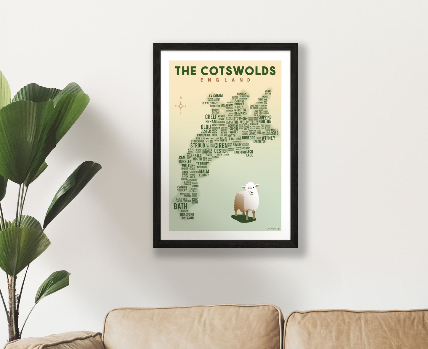 Cotswold Text Map Poster in black frame