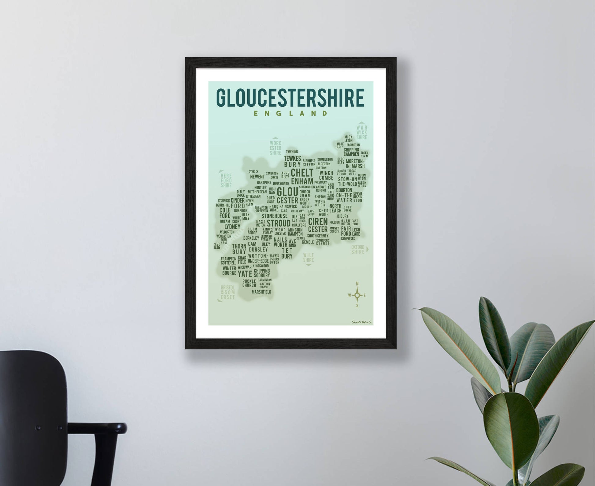 Gloucestershire Text Map Poster in black frame