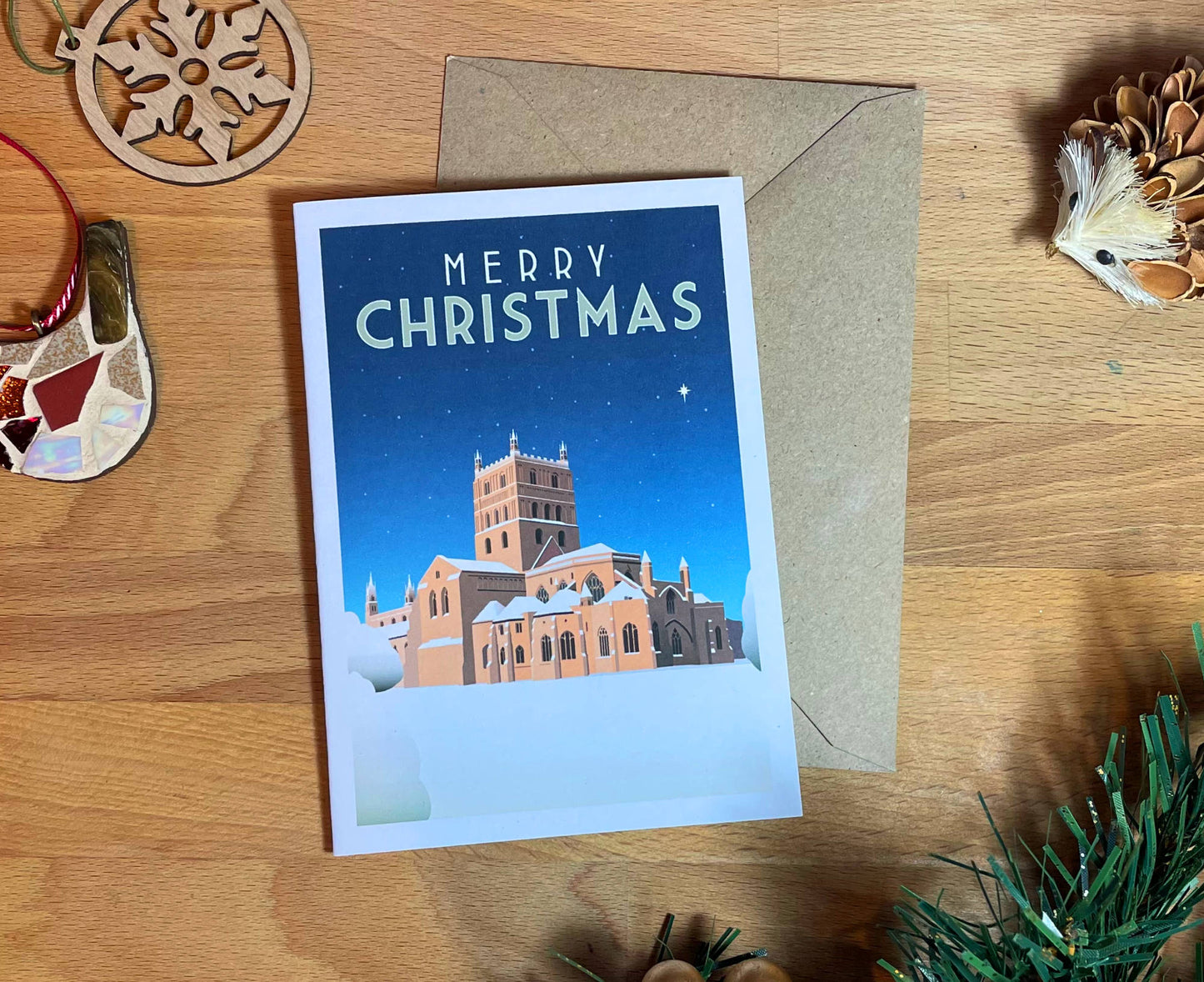 Tewkesbury Abbey Christmas Card with decorations