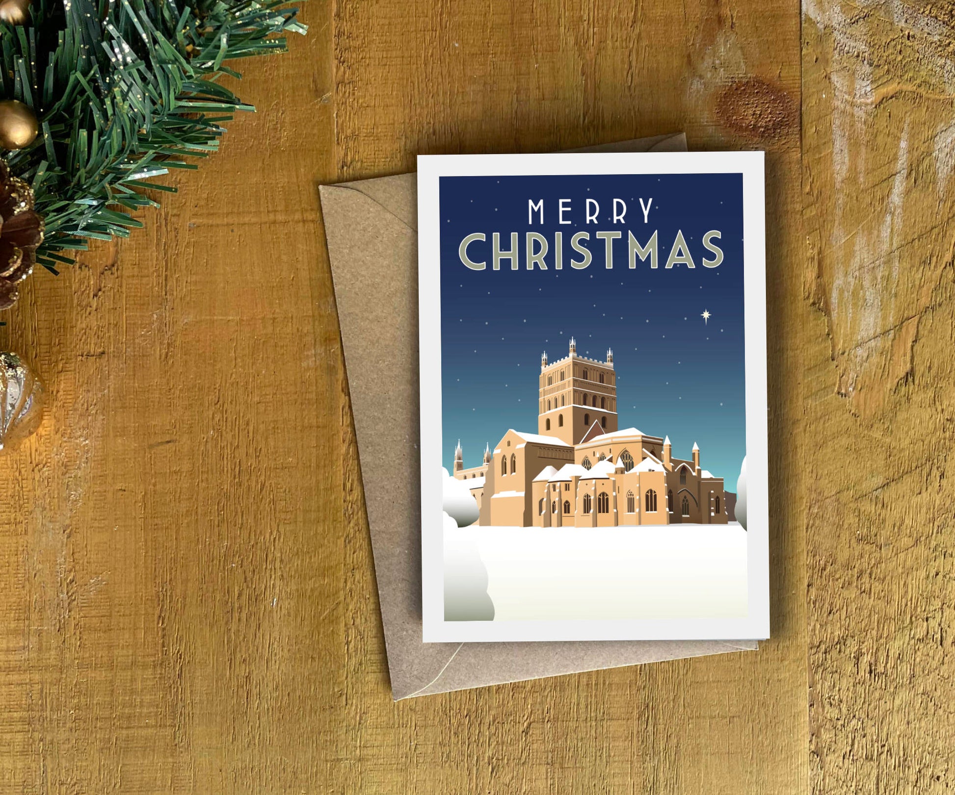 Tewkesbury Abbey Christmas Card snow winter