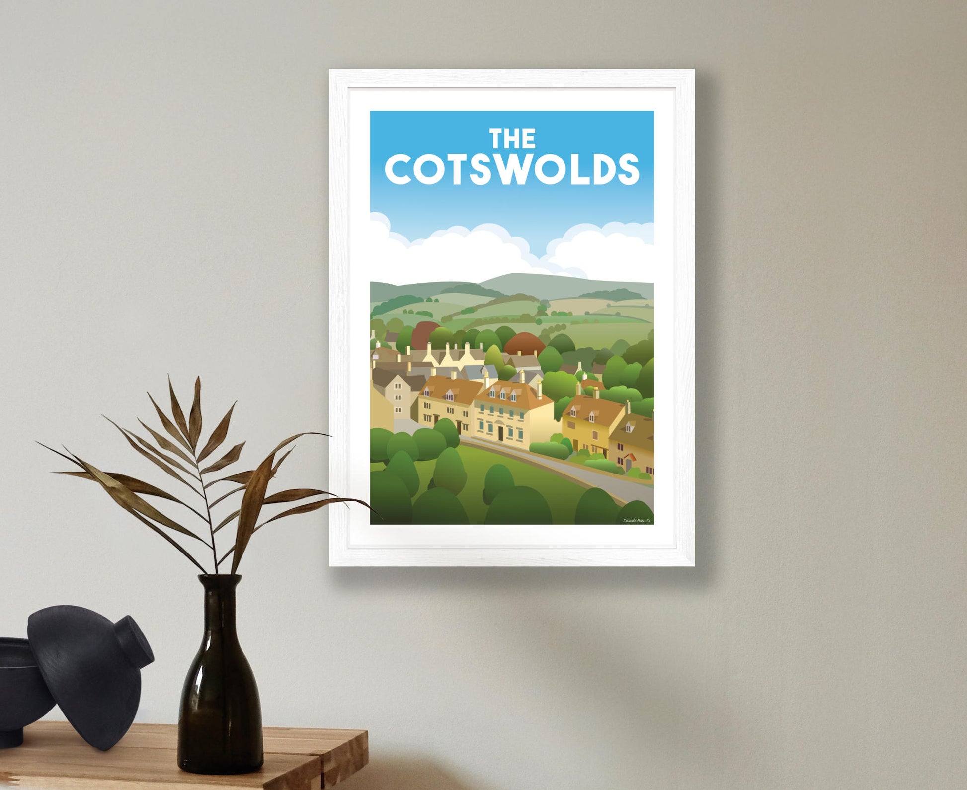 Painswick Cotswold View Poster in white frame