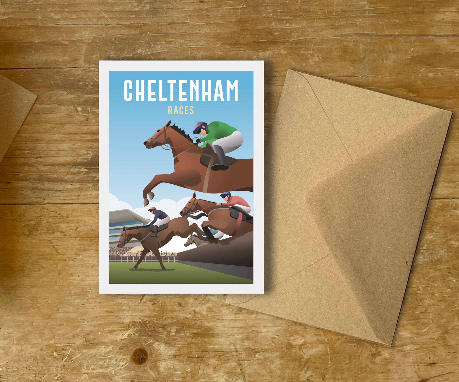 Cheltenham Races Greeting Card with envelope on table