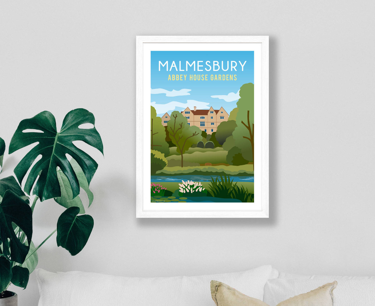 Malmesbury Abbey House Gardens Poster in white frame