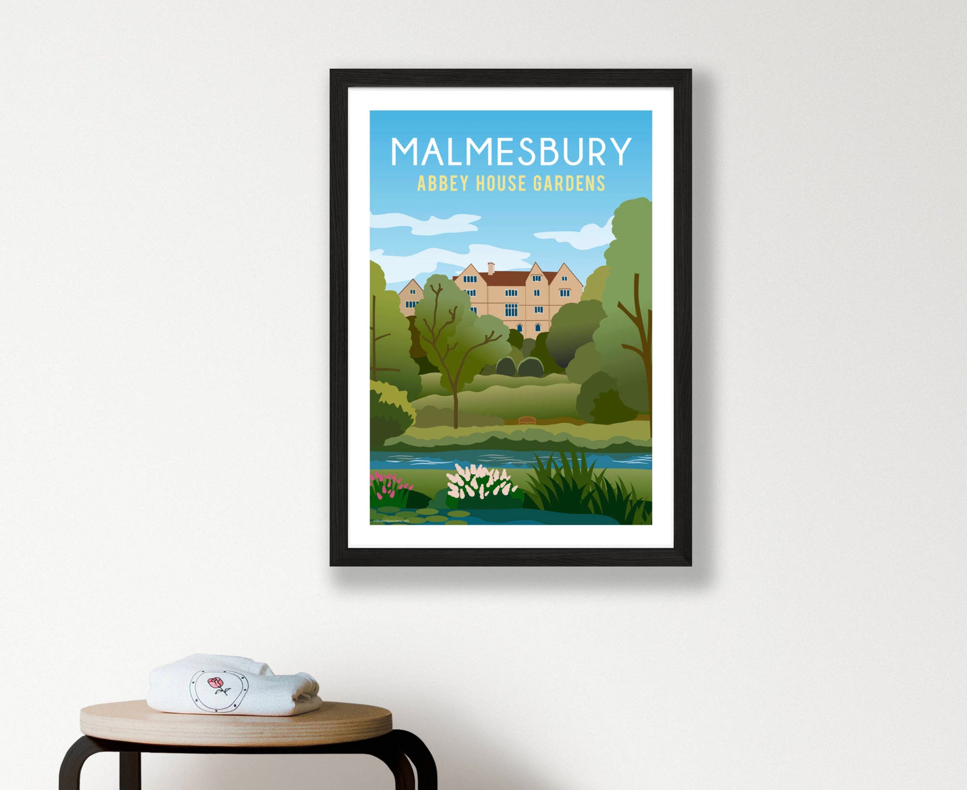 Malmesbury Abbey House Gardens Poster in black frame