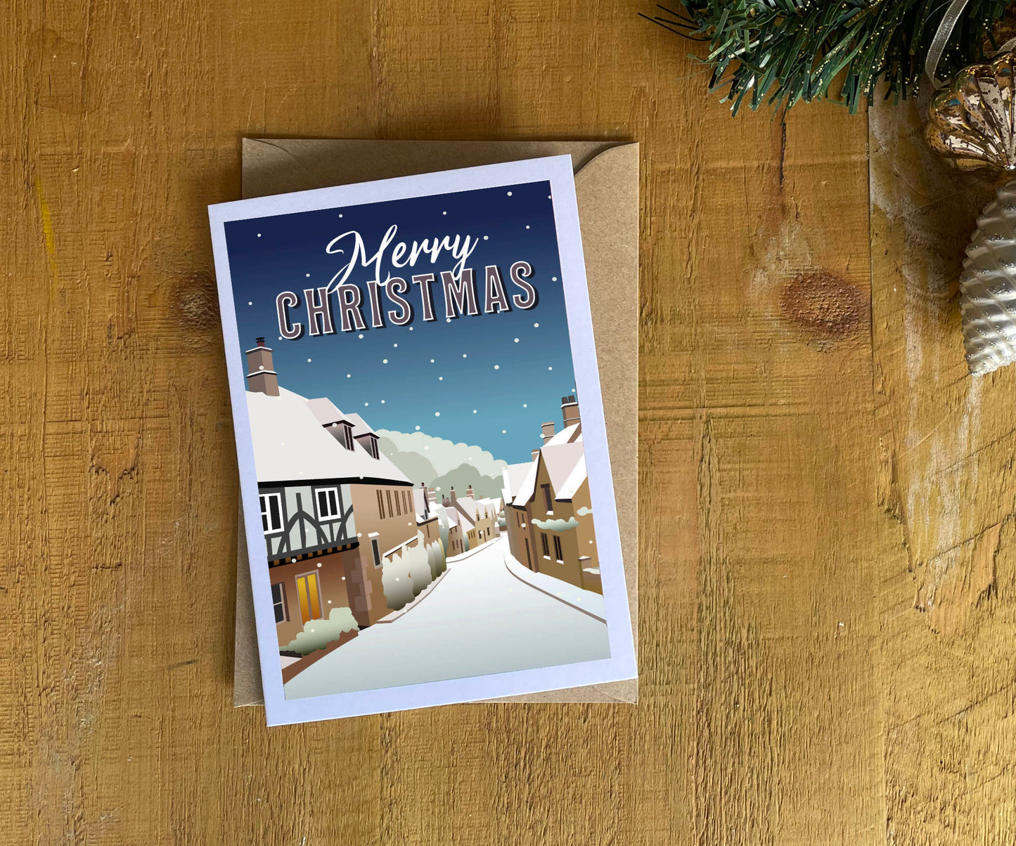 Castle Combe snow Christmas card envelope retro