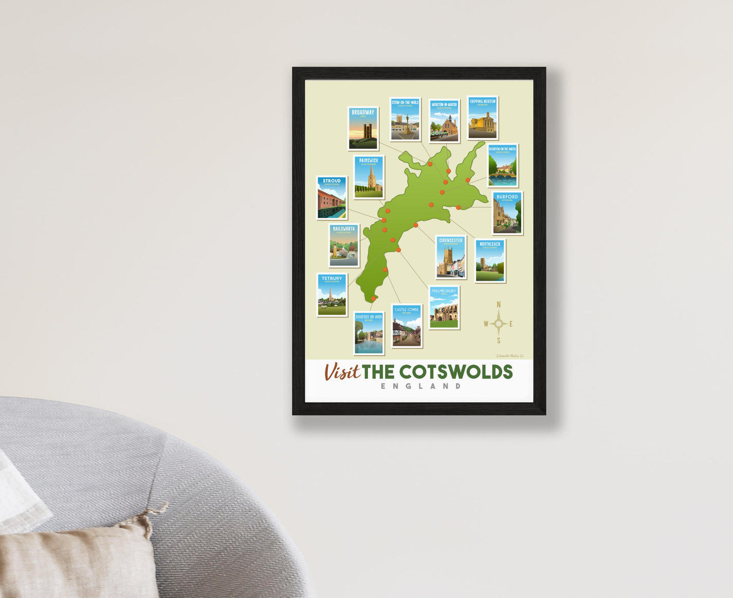 Cotswold Map Poster Art Print Popular Towns Villages Tourist Region Cotswold Poster Co