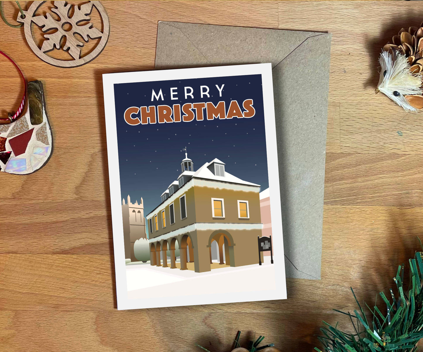 Dursley Christmas Card with envelope on table