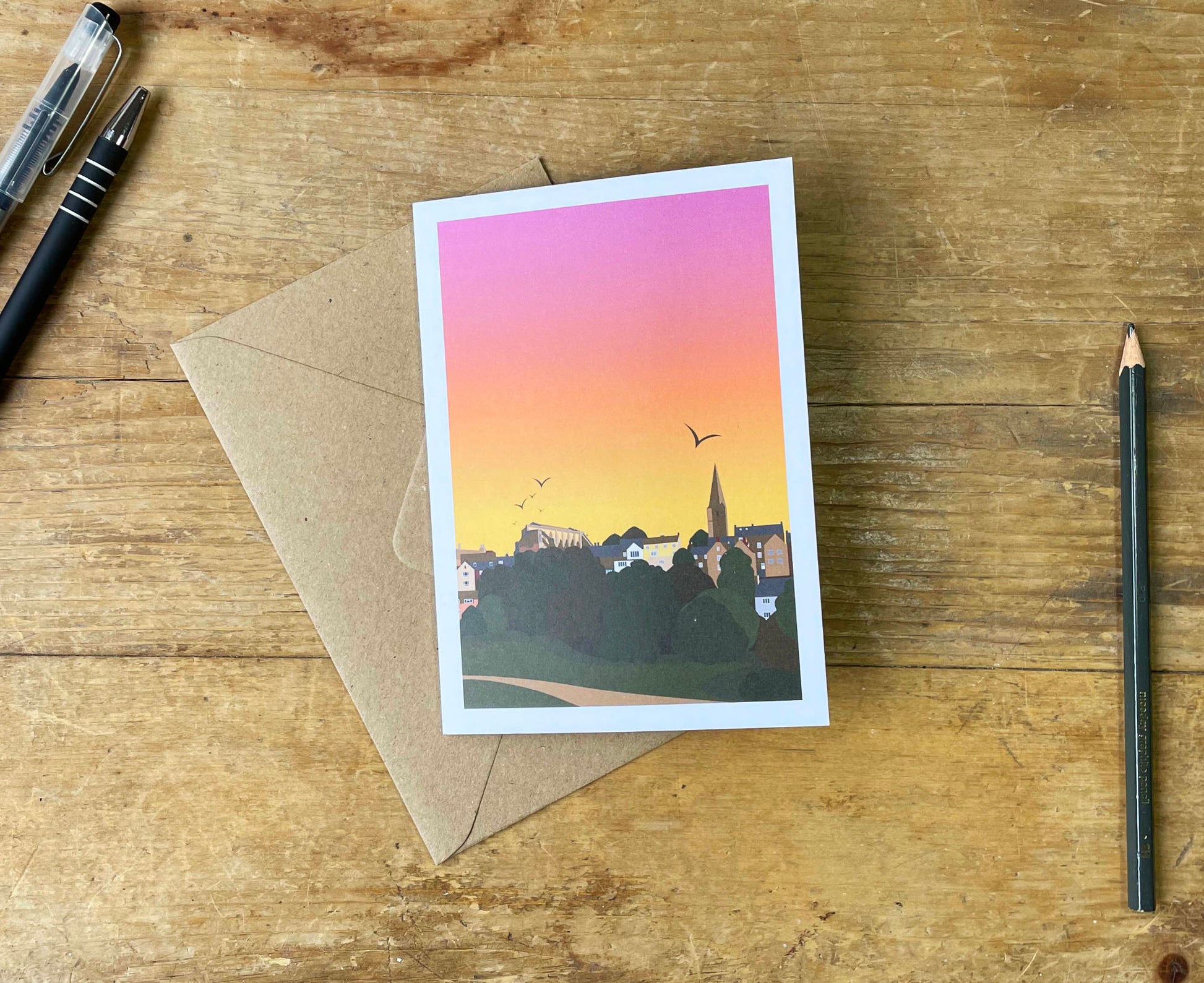 Malmesbury Sunset Text-Free Greeting Card on table