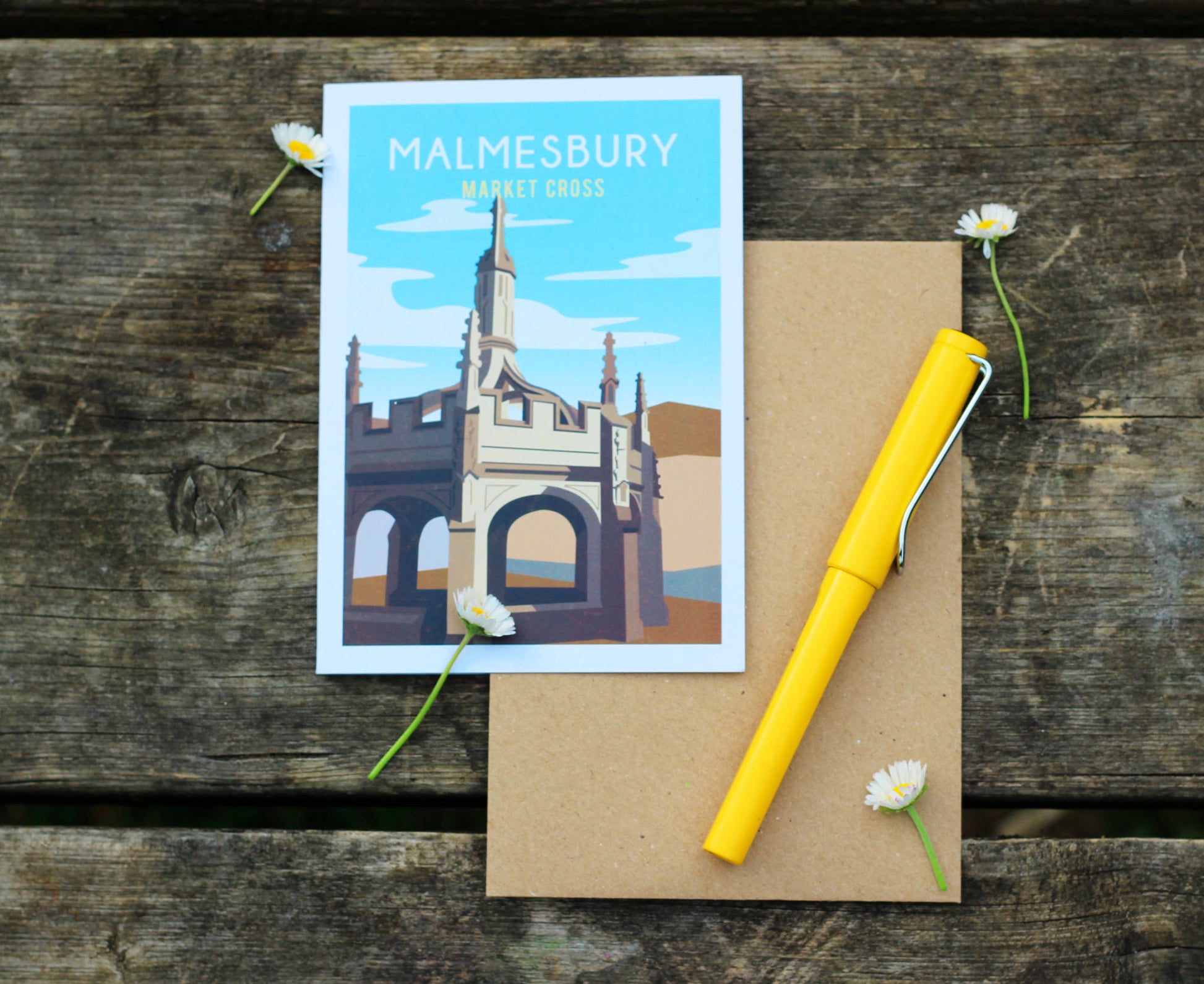 Malmesbury Market Cross Greeting Card on table with pen