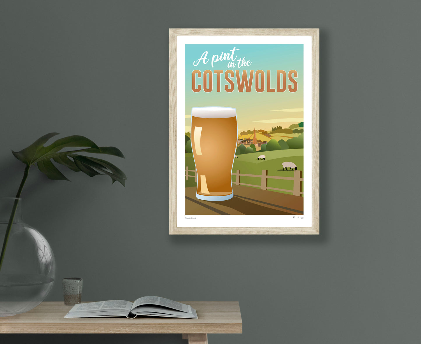 Vintage beer Cotswolds style advertising poster in frame