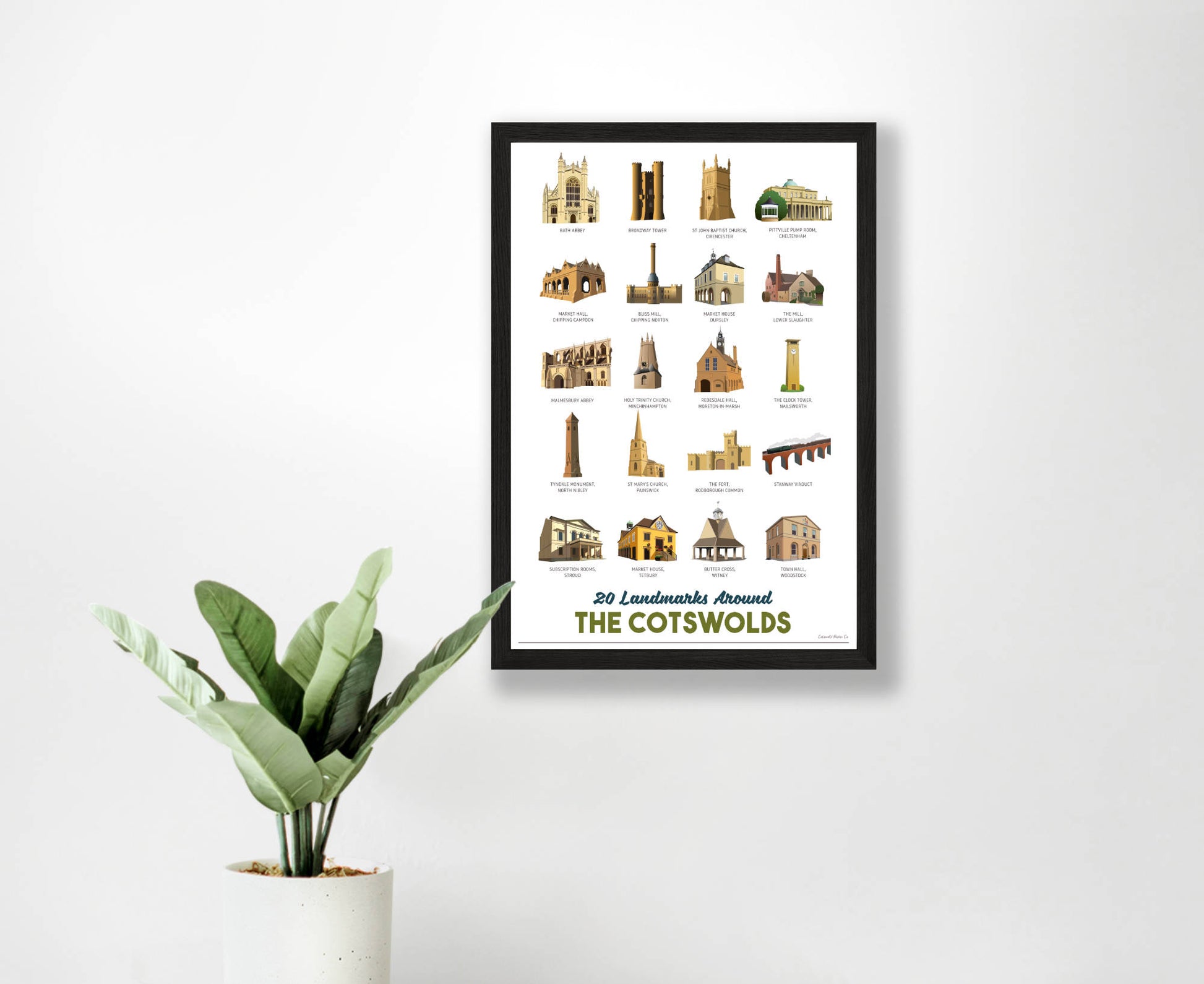 Cotswold Landmarks Poster in black frame on wall