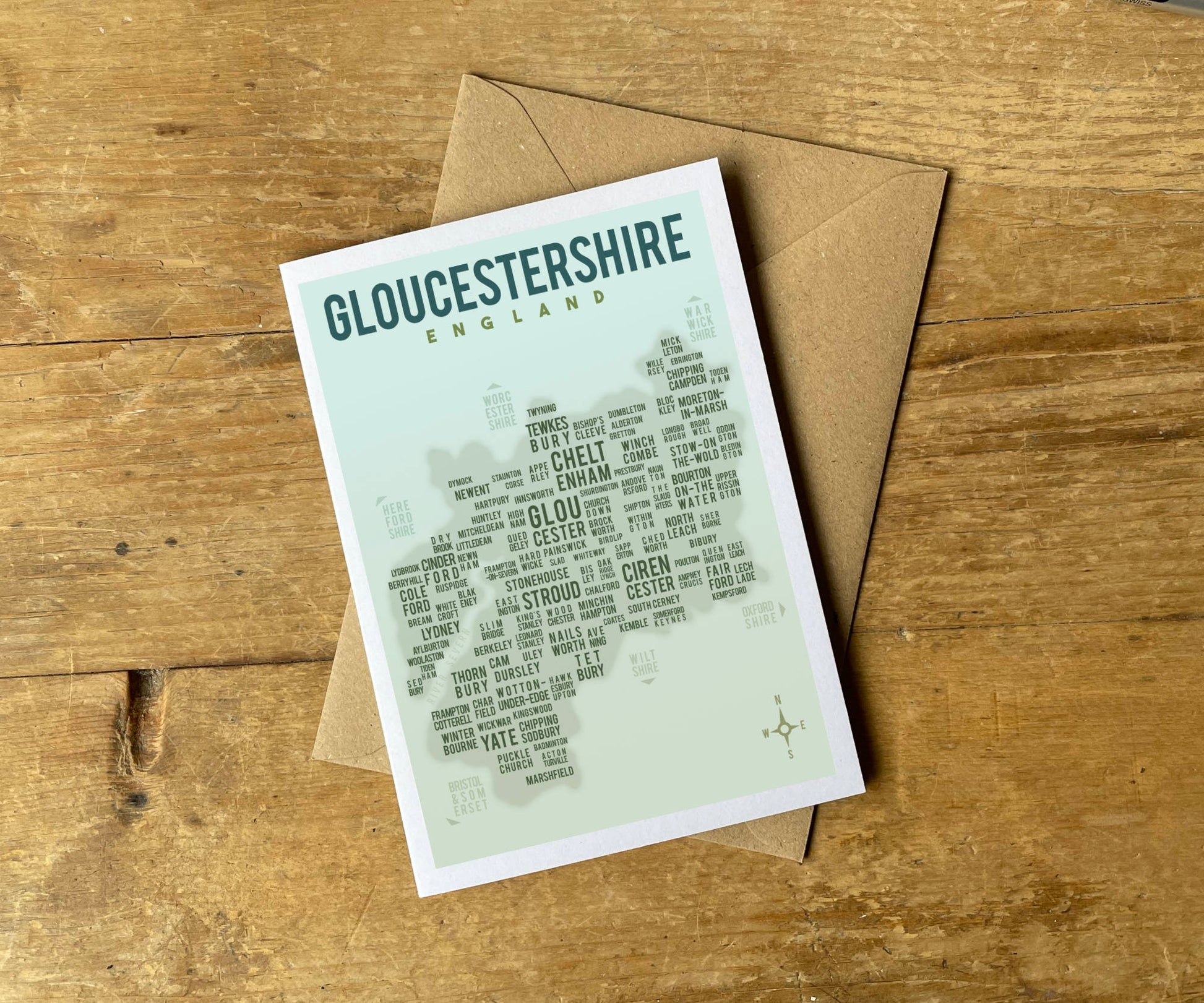 Gloucestershire Text Map Greeting Card Type Design