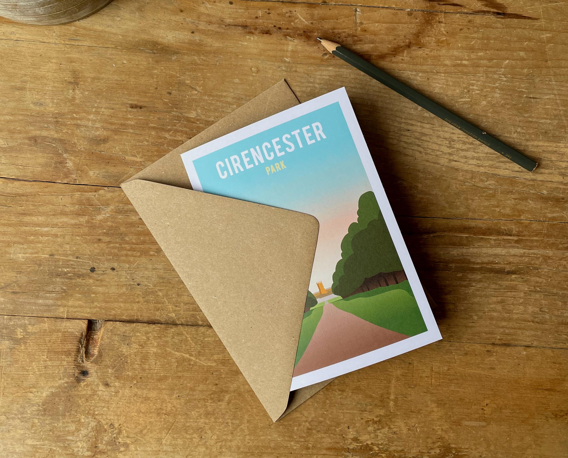 Cirencester Park Greeting Card on wooden desk