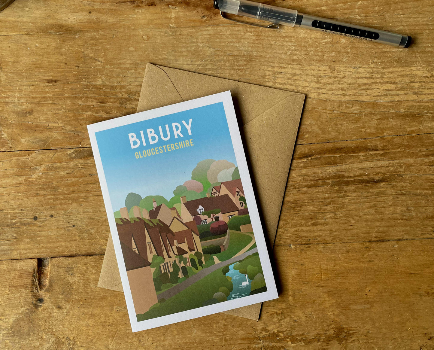 Bibury Greeting Card with envelope on desk