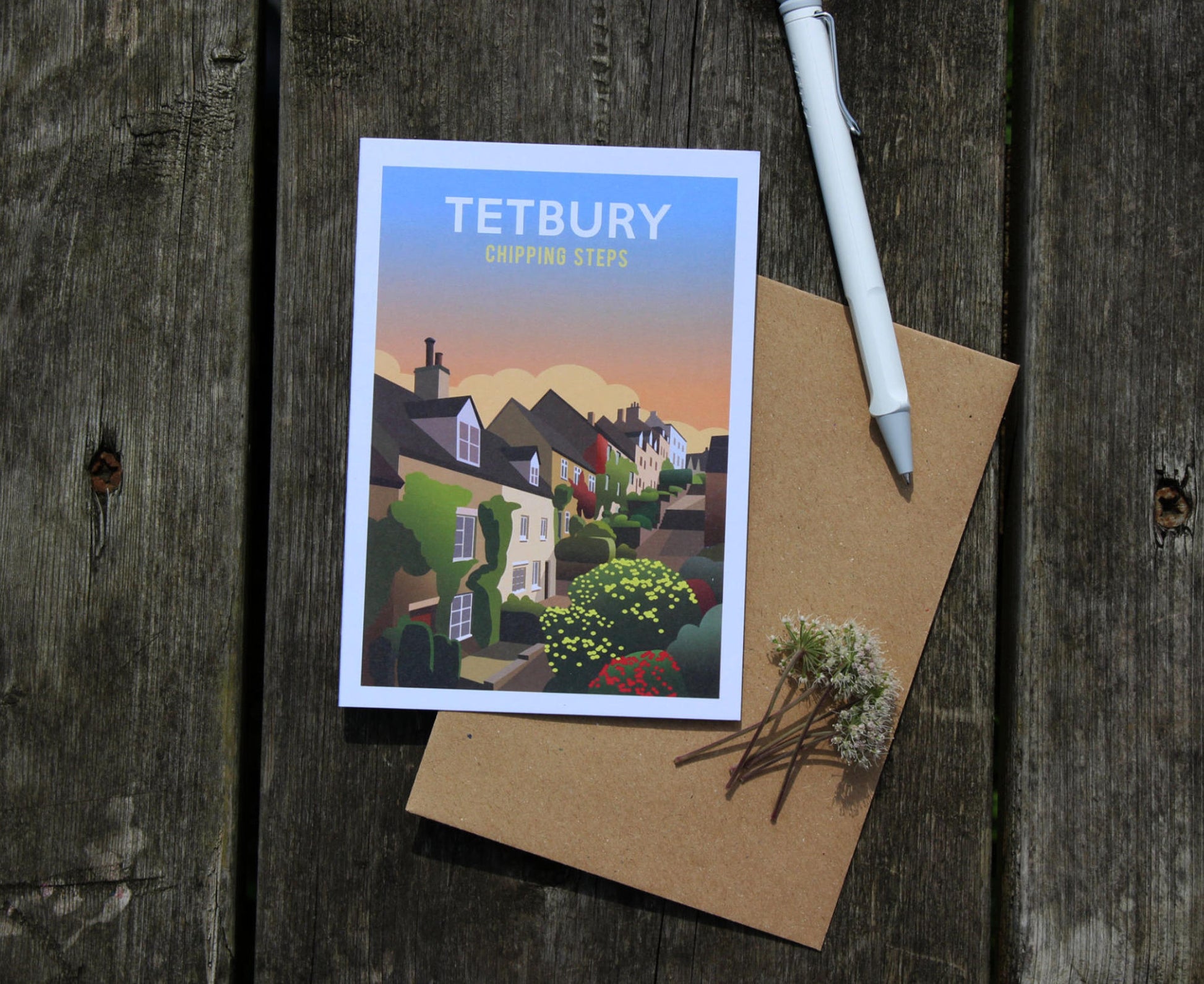 Tetbury Chipping Steps Greeting Card flat on table