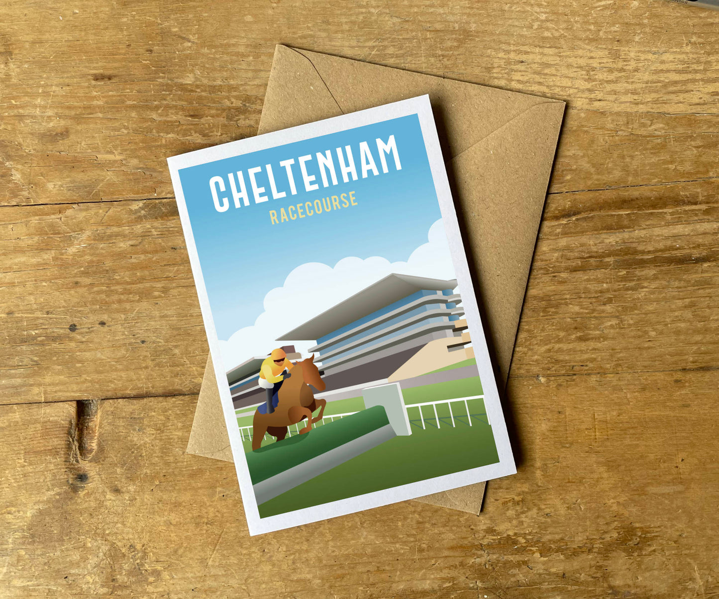 Cheltenham Racecourse Greeting Card on desk with envelope