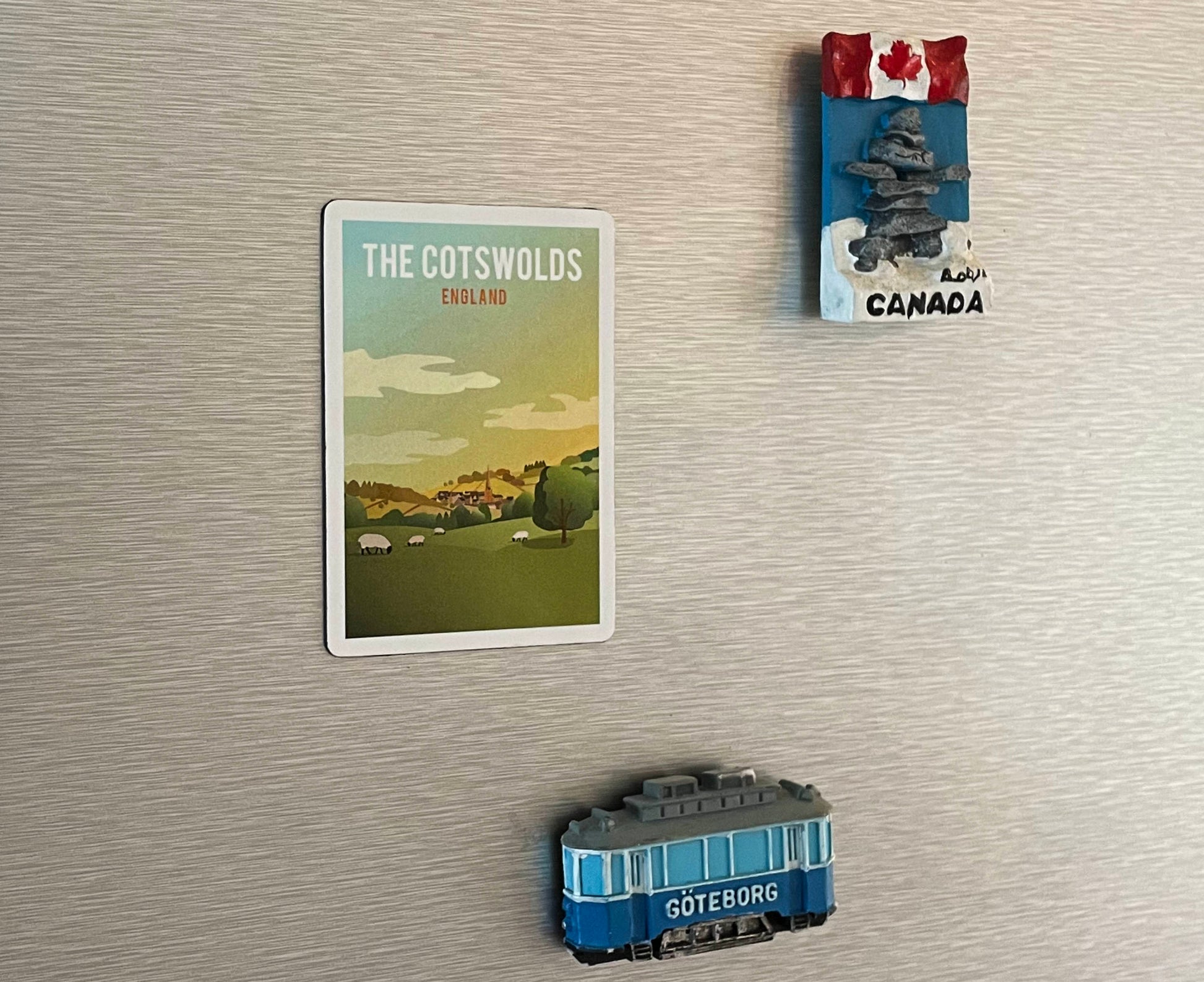 Cotswolds magnet on fridge with other travel souvenirs