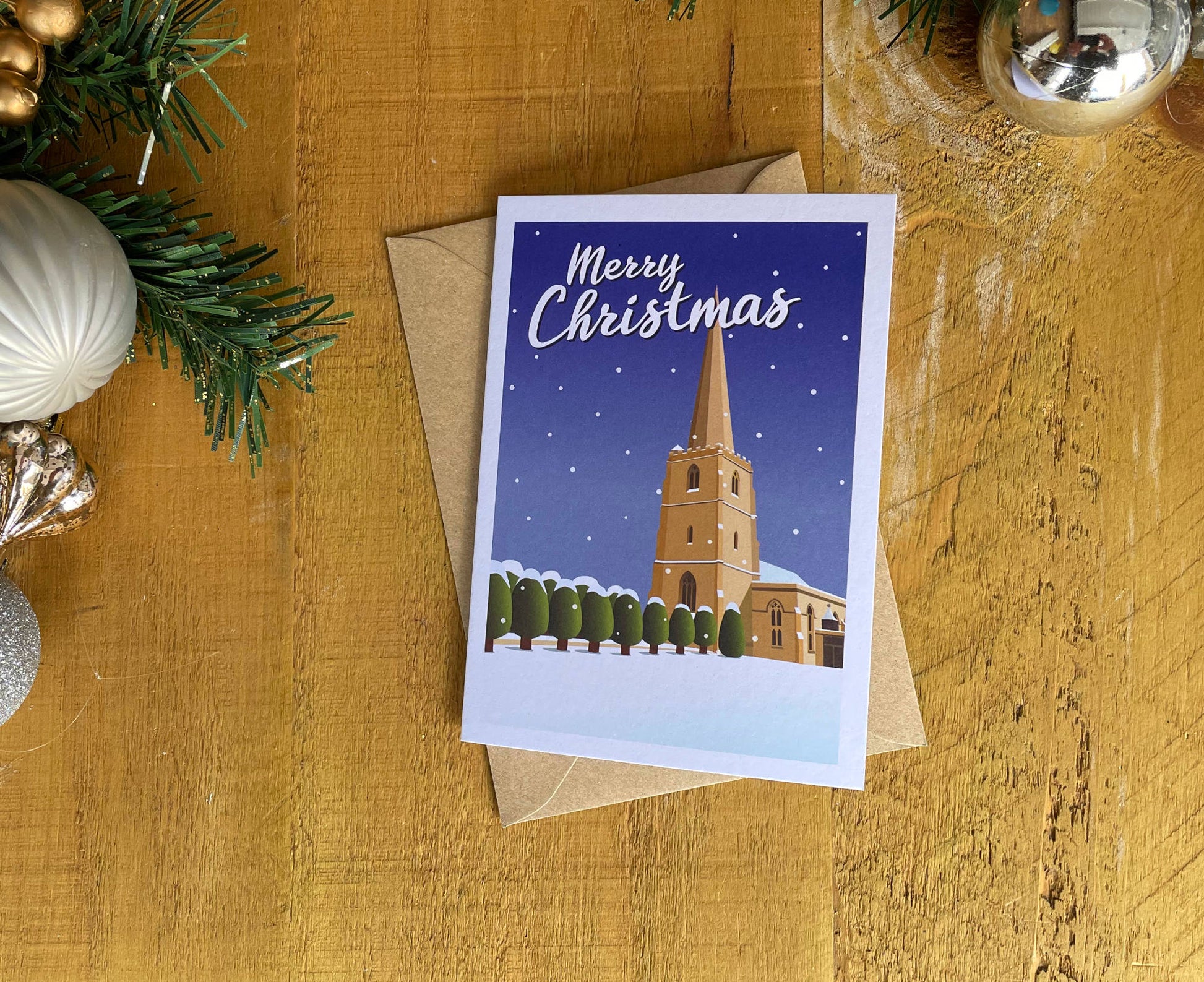 Painswick Church Christmas Card Snow on table