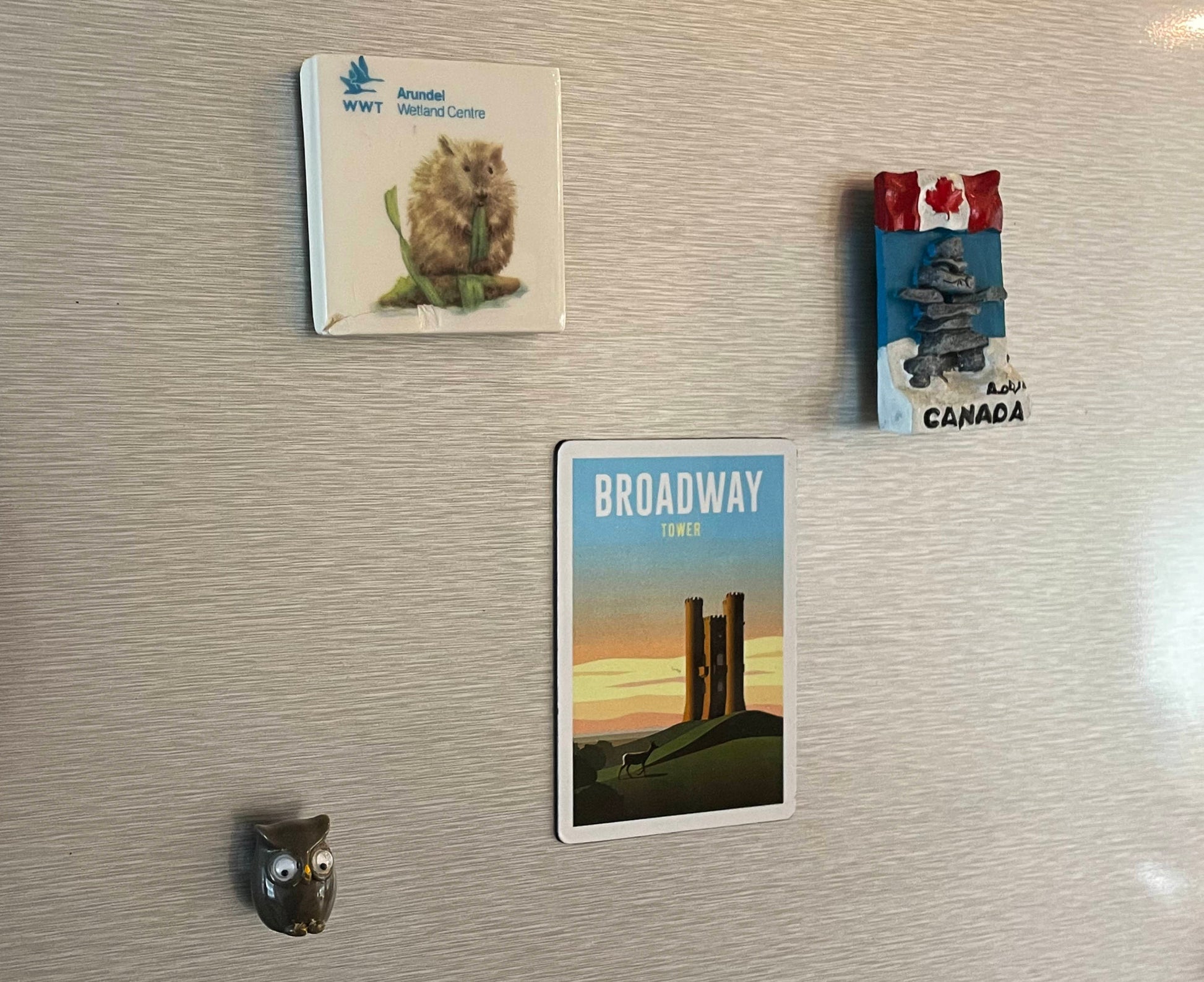 Broadway Tower magnet on a fridge