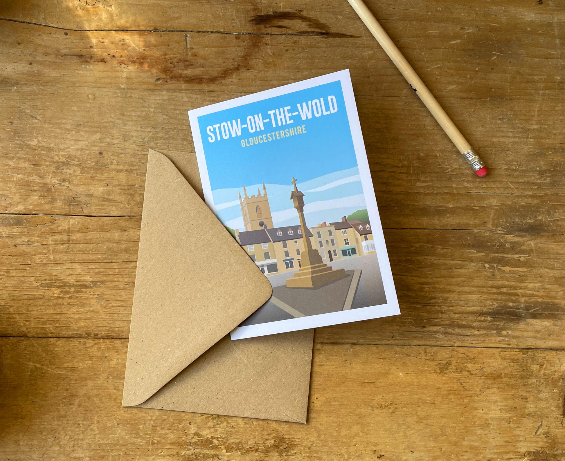 Stow-on-the-Wold Greeting Card on desk