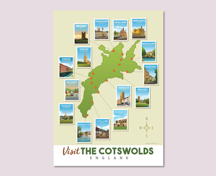 Cotswold Map Poster Art Print Popular Towns Villages Tourist Region Cotswold Poster Co