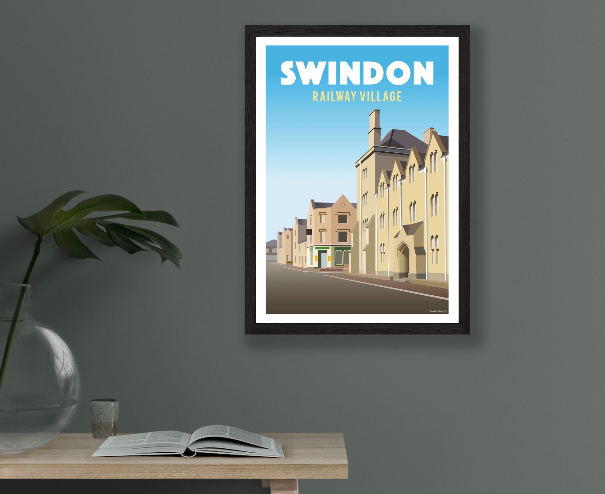 Swindon Railway Village Poster in black frame