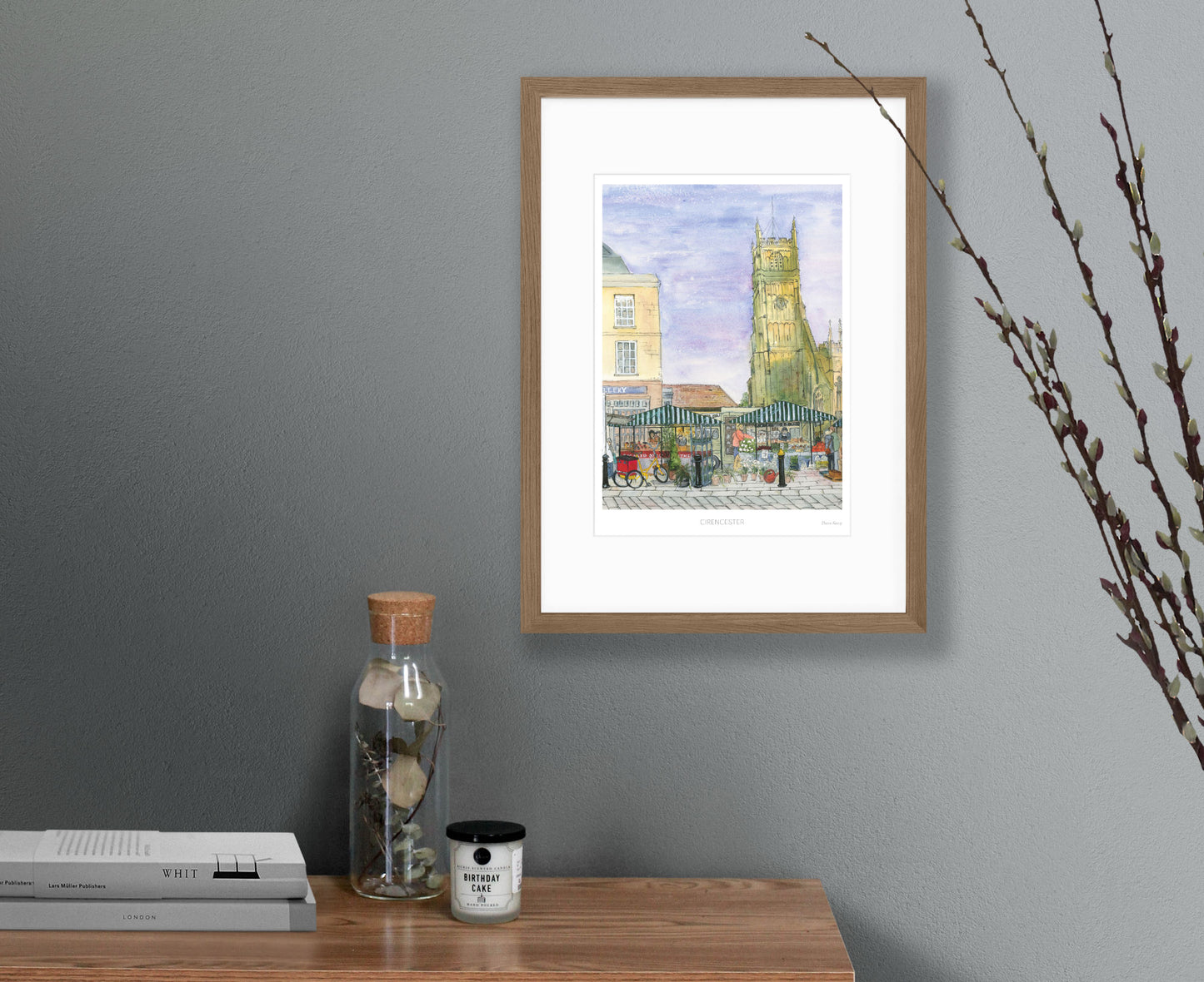 Cirencester Market and Church Watercolour Print in walnut frame