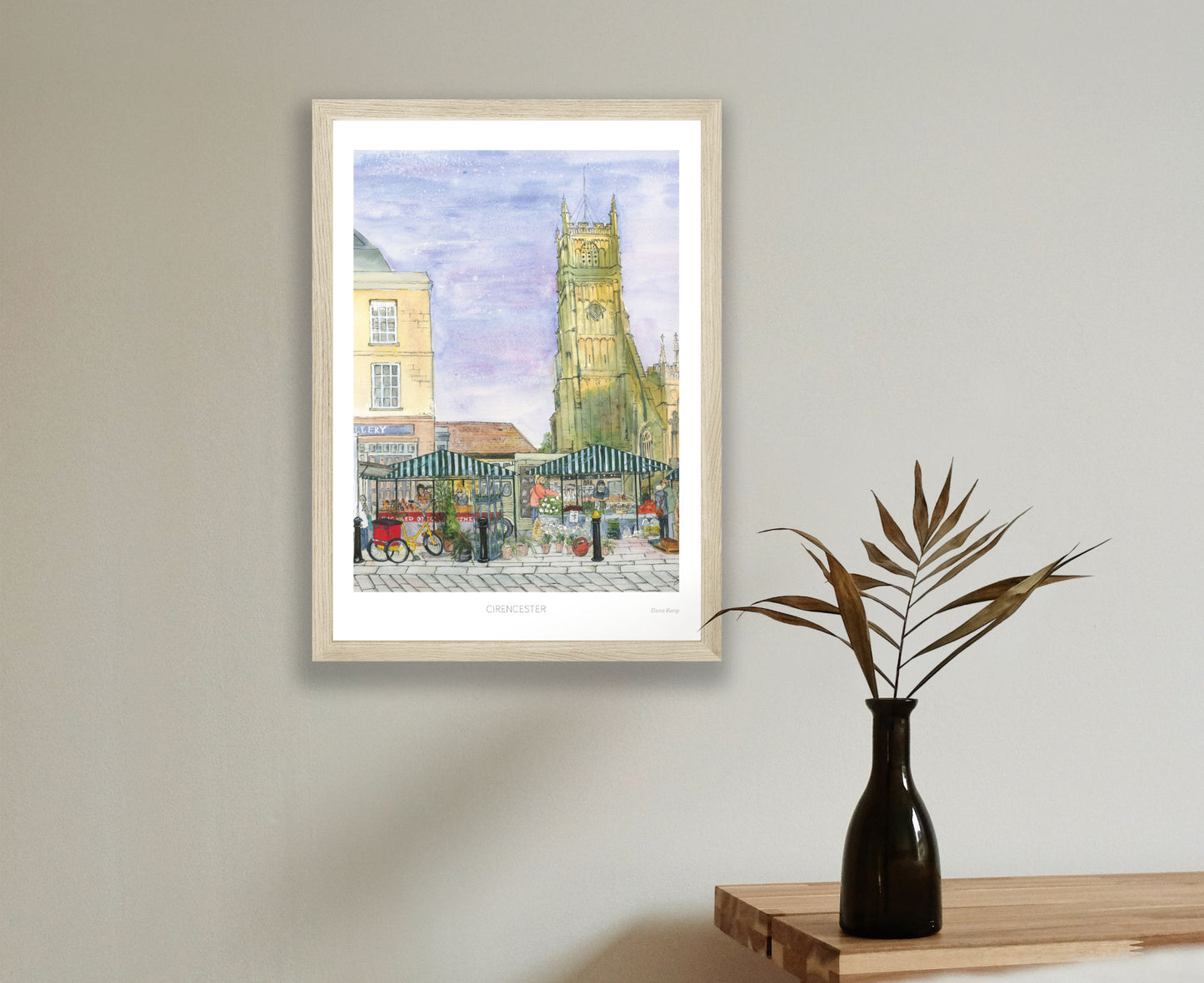 Cirencester Market and Church Watercolour Print in wood frame